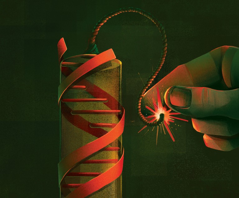 Conceptual illustration of a DNA bomb with a lighted fuse being extinguished by two pinching fingers.