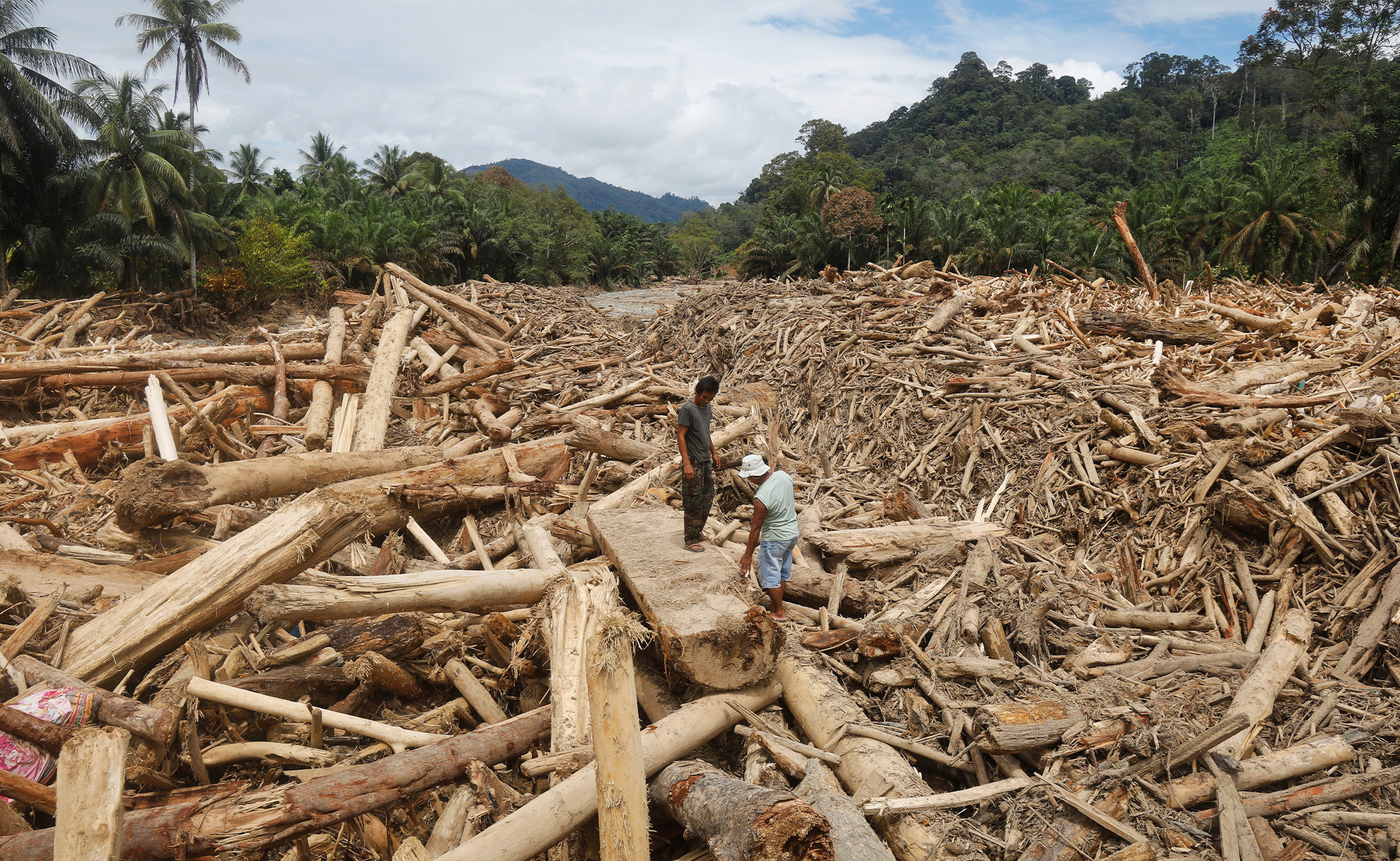 Men stand on logs swept away by flash flood in Batang Toru, North Sumatra, Dec. 2.