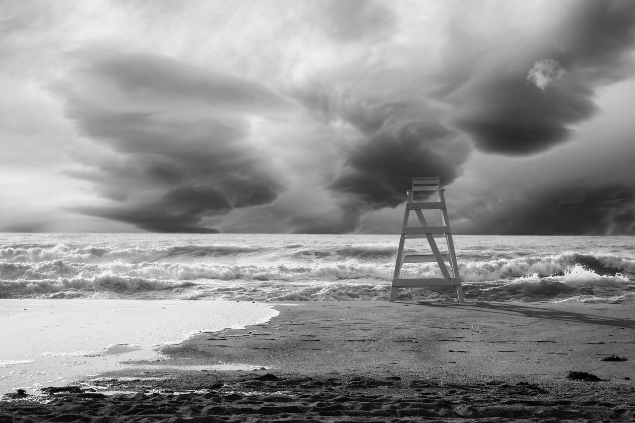 sea, beach, sand, nature, storm, clouds, weather, vigilance tower, landscape, black and white