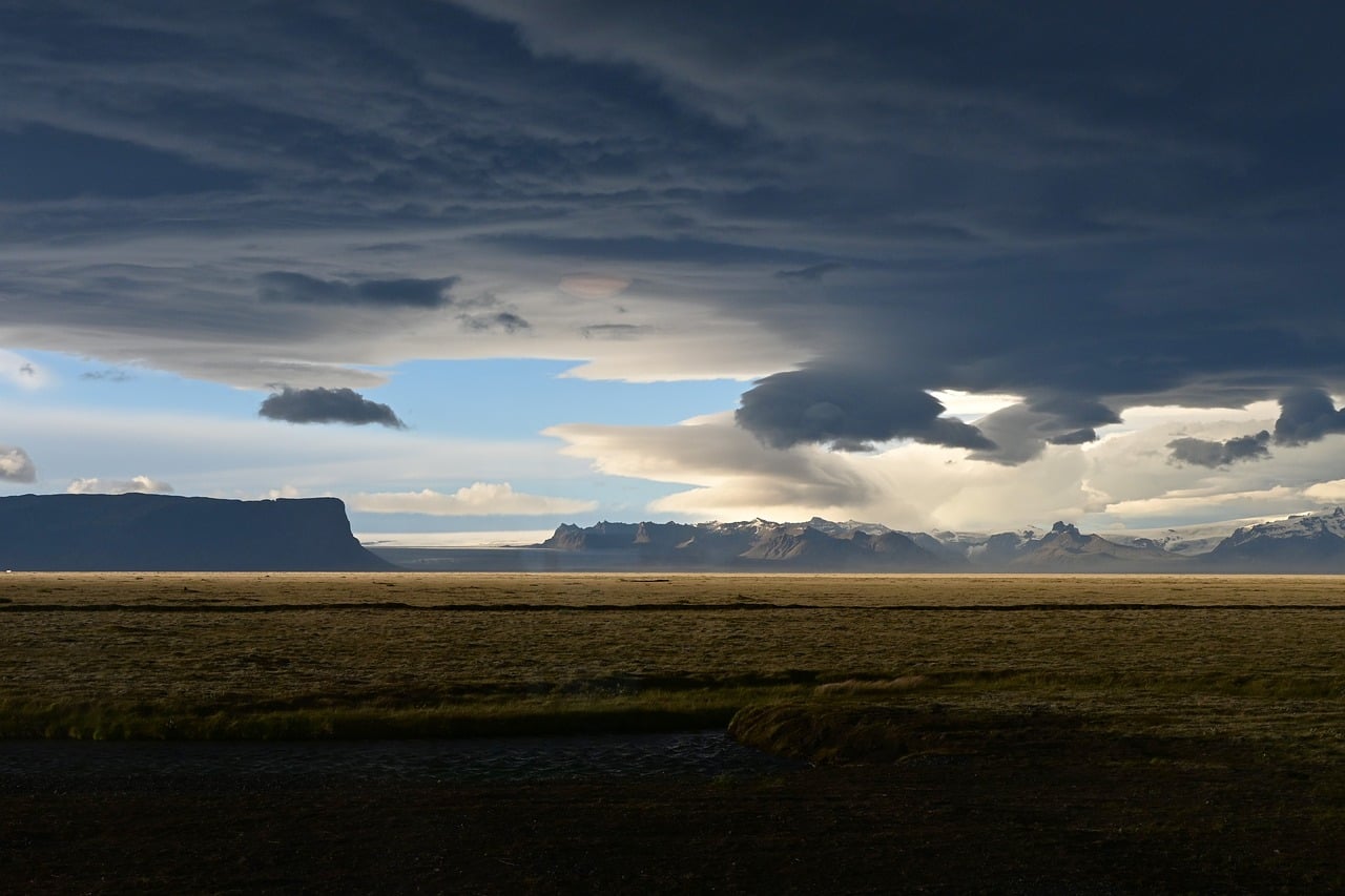 storm, nature, clouds, sky, prairie, light, dark clouds, distant mountains, landscape, silhouette, wind, natural phenomenon, panoramic, natural beauty, icelandic landscape, dramatic sky, horizon