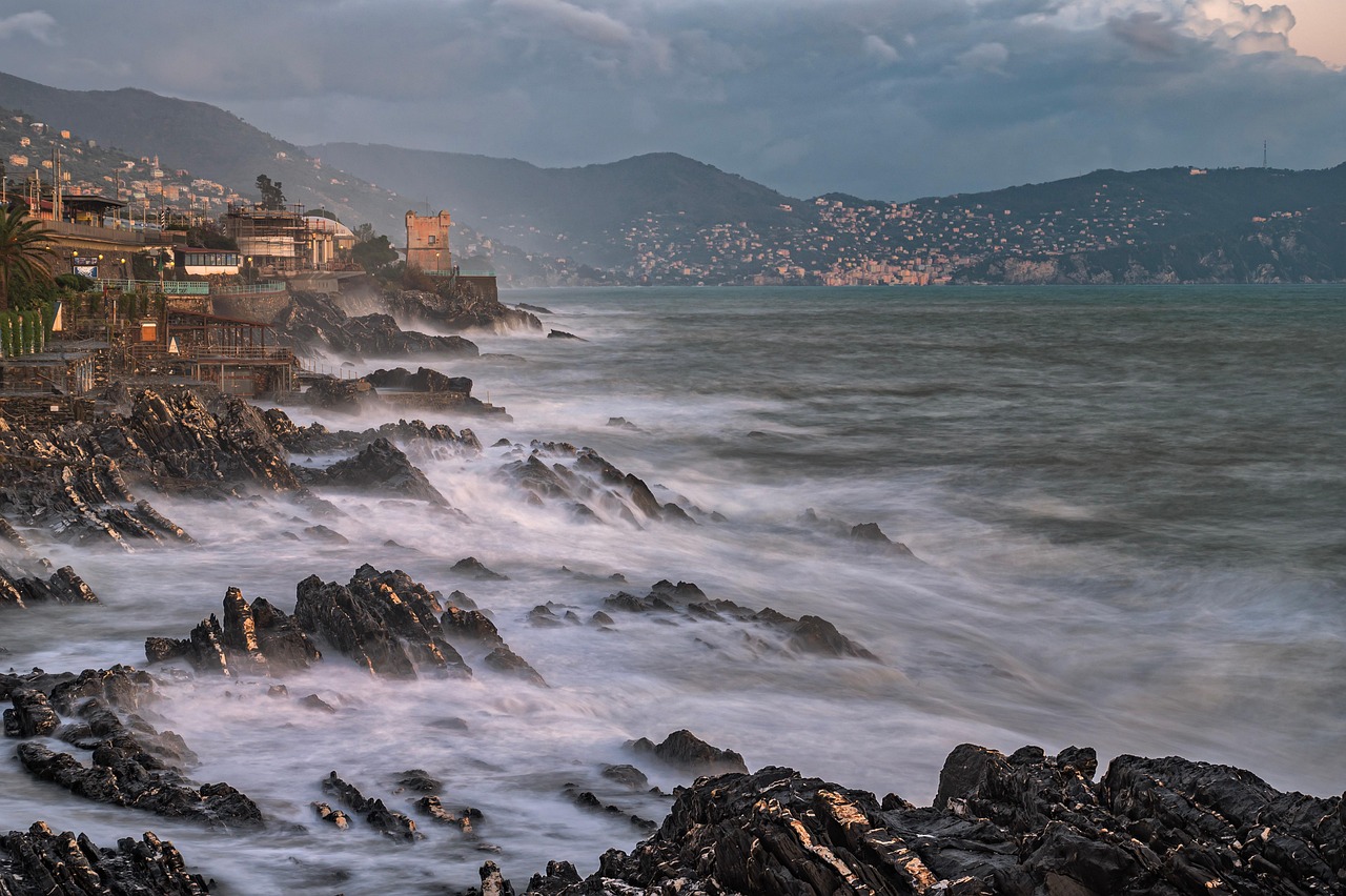 sea, cliffs, storm, liguria, genoa, ocean, nature, water, rocks, town