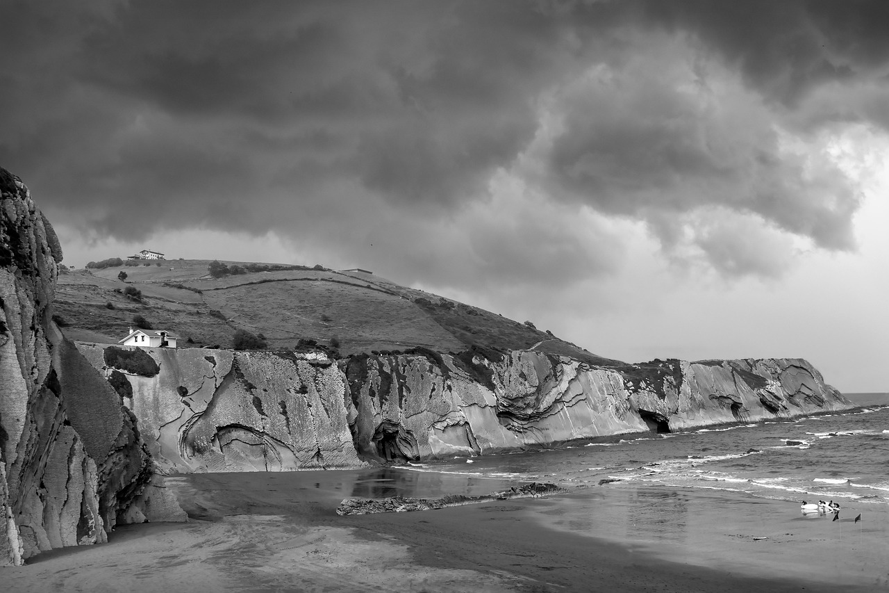 coast, beach, sea, landscape, nature, waves, darling, storm, cliff, clouds, monochrome, black and white