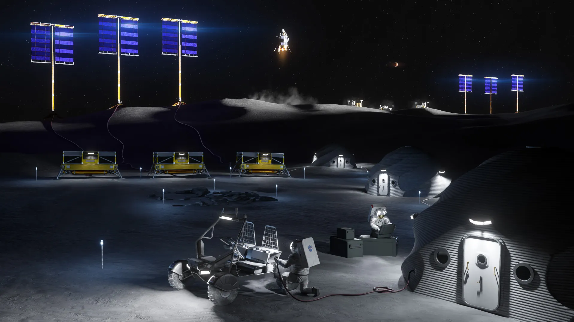 Artist rendering of astronauts working on a lunar base with various future technologies.