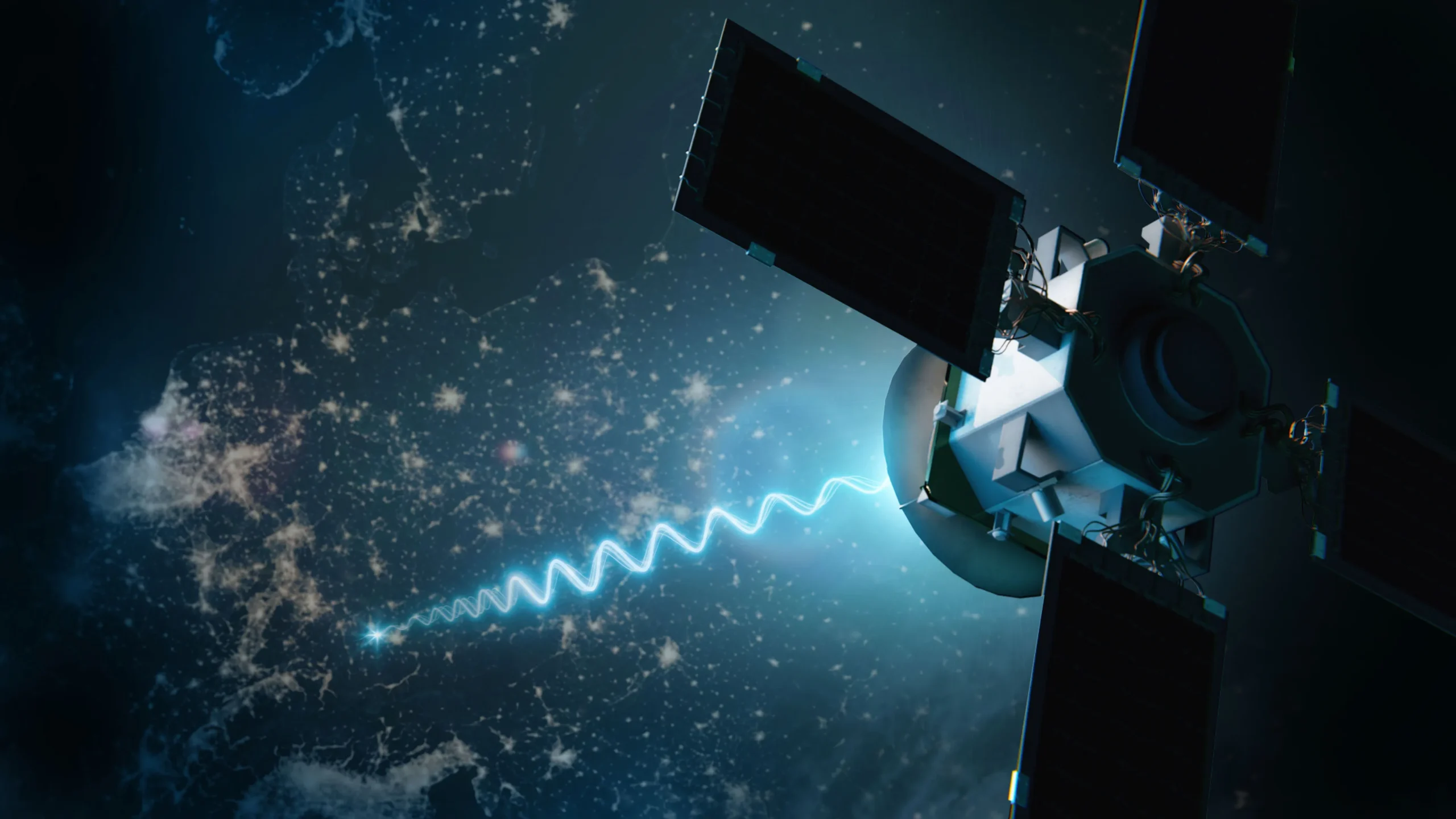 A satellite with four extended solar panels orbits above Earth at night, sending a glowing blue, zigzagging signal downward toward the planet’s illuminated surface. The dark space background contrasts with the bright city lights visible on Earth below.
