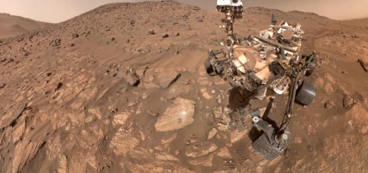 In a selfie taken on Mars, NASA's Perseverance rover--a six-wheeled robot with a camera that moves in this animated image--is seen against the landscape of the Red Planet.