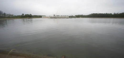 A wide view of the High Pressure Industrial Water Facility reservoir at Stennis Space Center on May 7, filled nearly to capacity as crews begin removing water for facility upgrades.