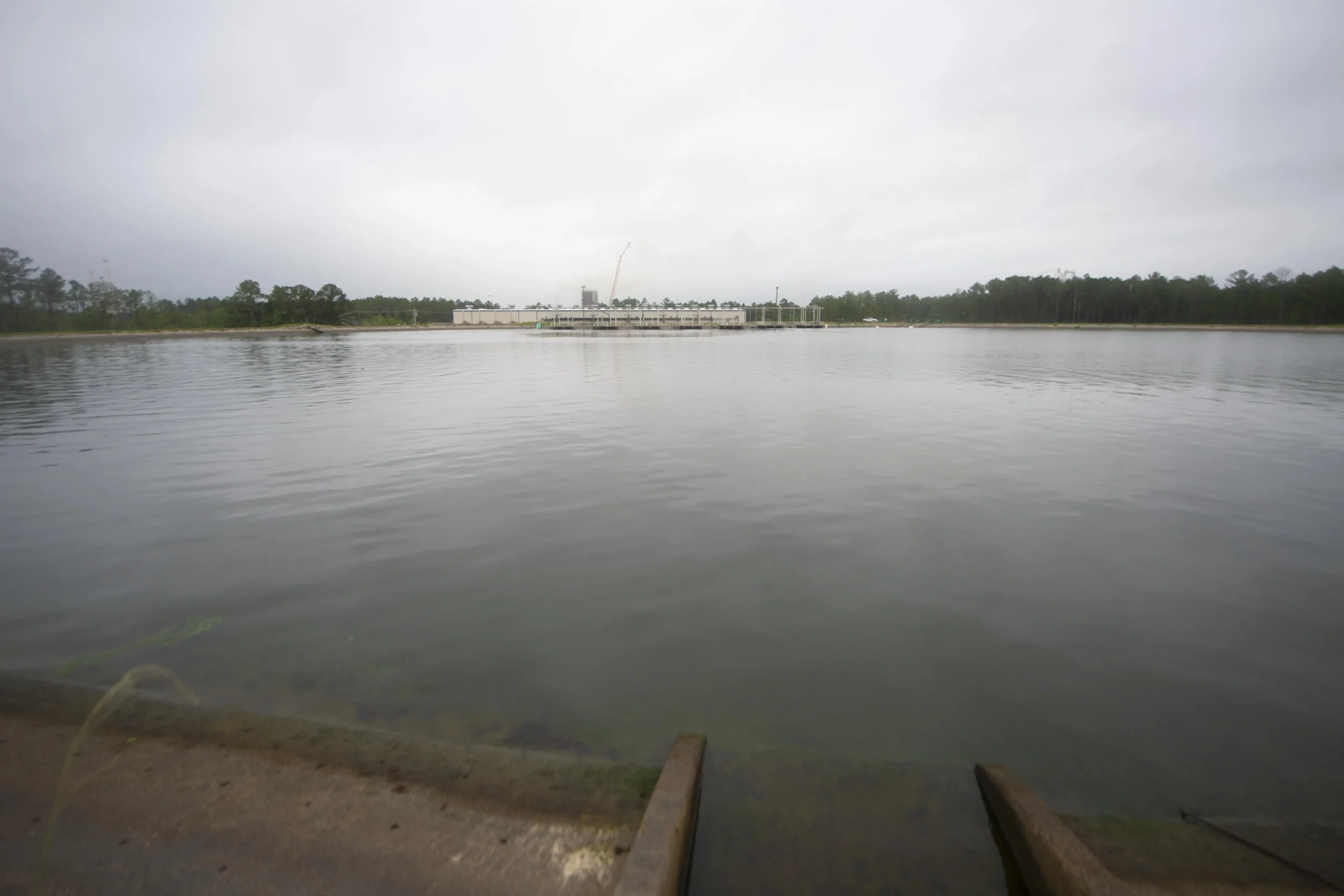 A wide view of the High Pressure Industrial Water Facility reservoir at Stennis Space Center on May 7, filled nearly to capacity as crews begin removing water for facility upgrades.