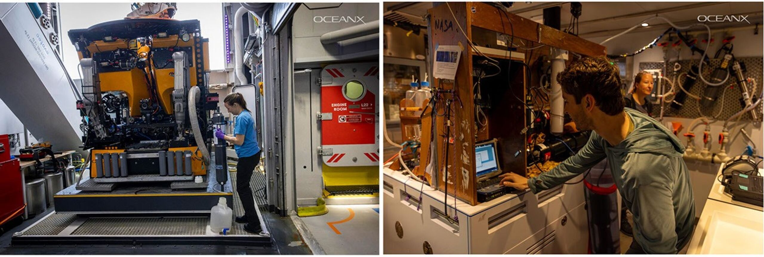 At left, a tangerine-colored remotely operated vehicle the size of a small car stands on a platform on the ship’s deck. A young woman in casual clothes and laboratory gloves works with a translucent jug (10 liter volume). At right, a young man works in an interior laboratory, surrounded by water filtration instruments and tubes, and looking at the screen of a small computer.