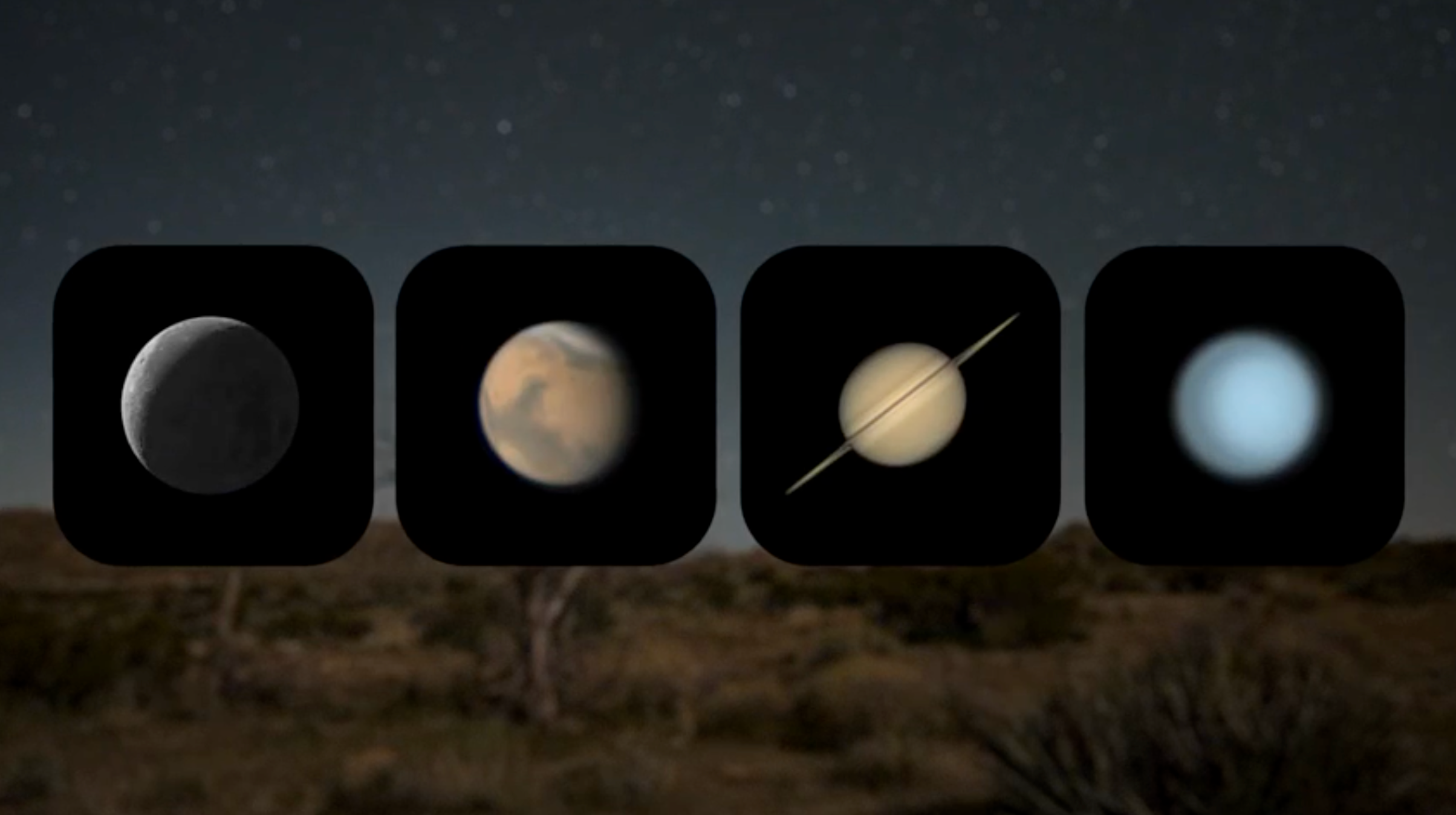 Four black squares agains a night sky image. From left to right, the squares show the Moon, Mars, Saturn and Uranus.
