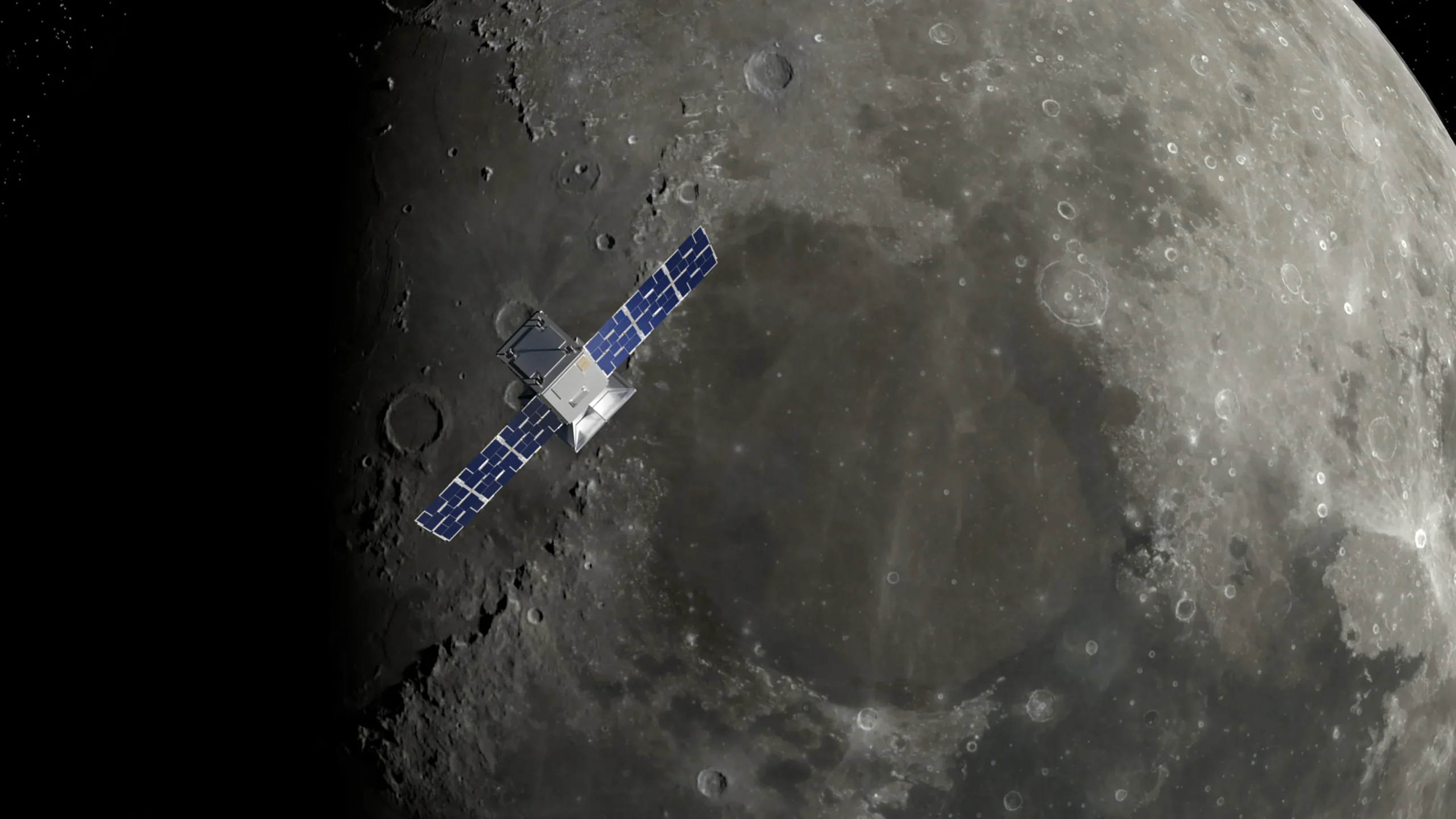 An artist's rendering of a small spacecraft with extended solar panels orbiting over the lunar surface.