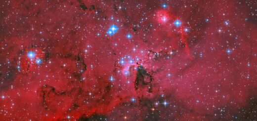 NASA’s Hubble Captures Crimson Cloud Sparkling with White, Blue Stars