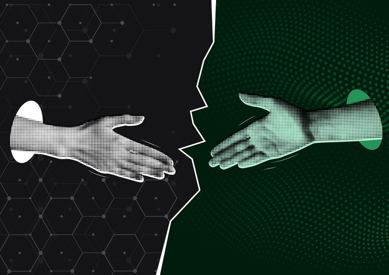 Conceptual illustration of two hands attempting to shake, but separated by a fracture. One hand has a organized scientific background; the other has a more irregular pattern.