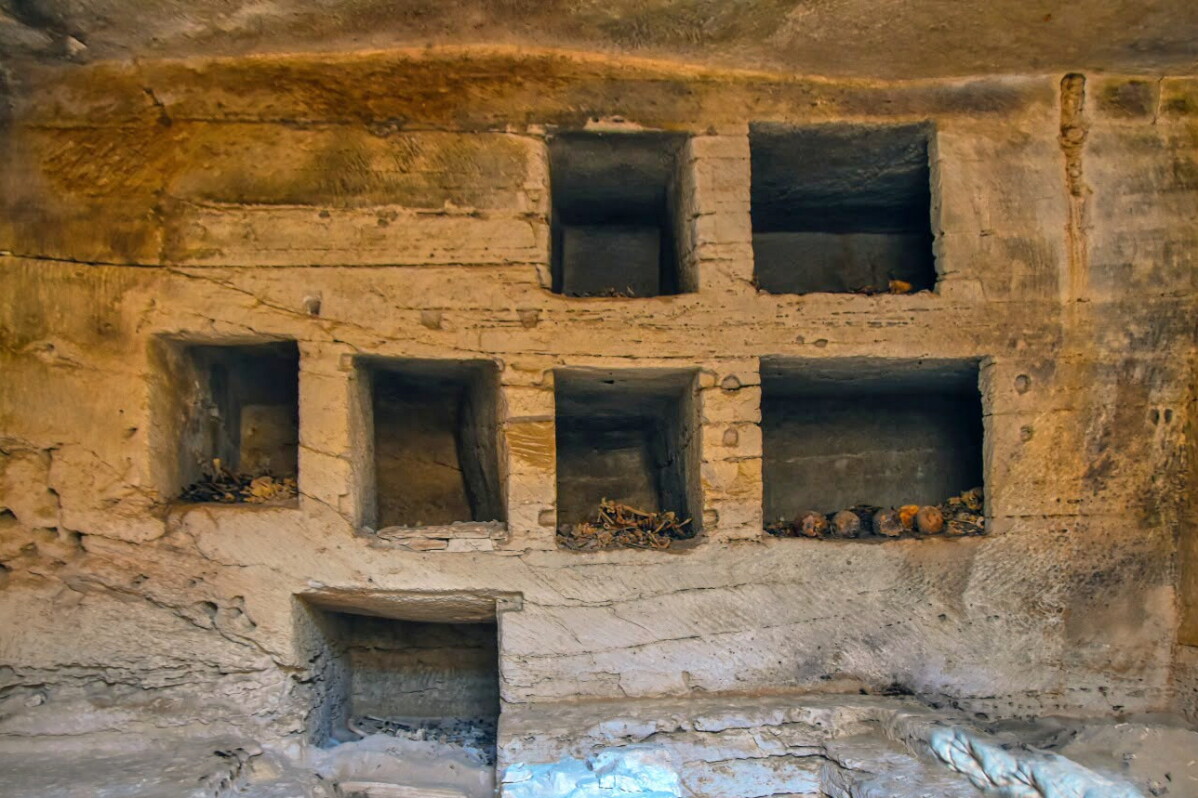 In this photo provided Saturday, July 4, 2026, by Ministery of Tourism and Antiquities, some of seven surface limestone-built tombs, discovered in the Marina el-Alamein archaeological site, are seen west of the Mediterranean city of Alexandria, Egypt. (Ministery of Tourism and Antiquities via AP)