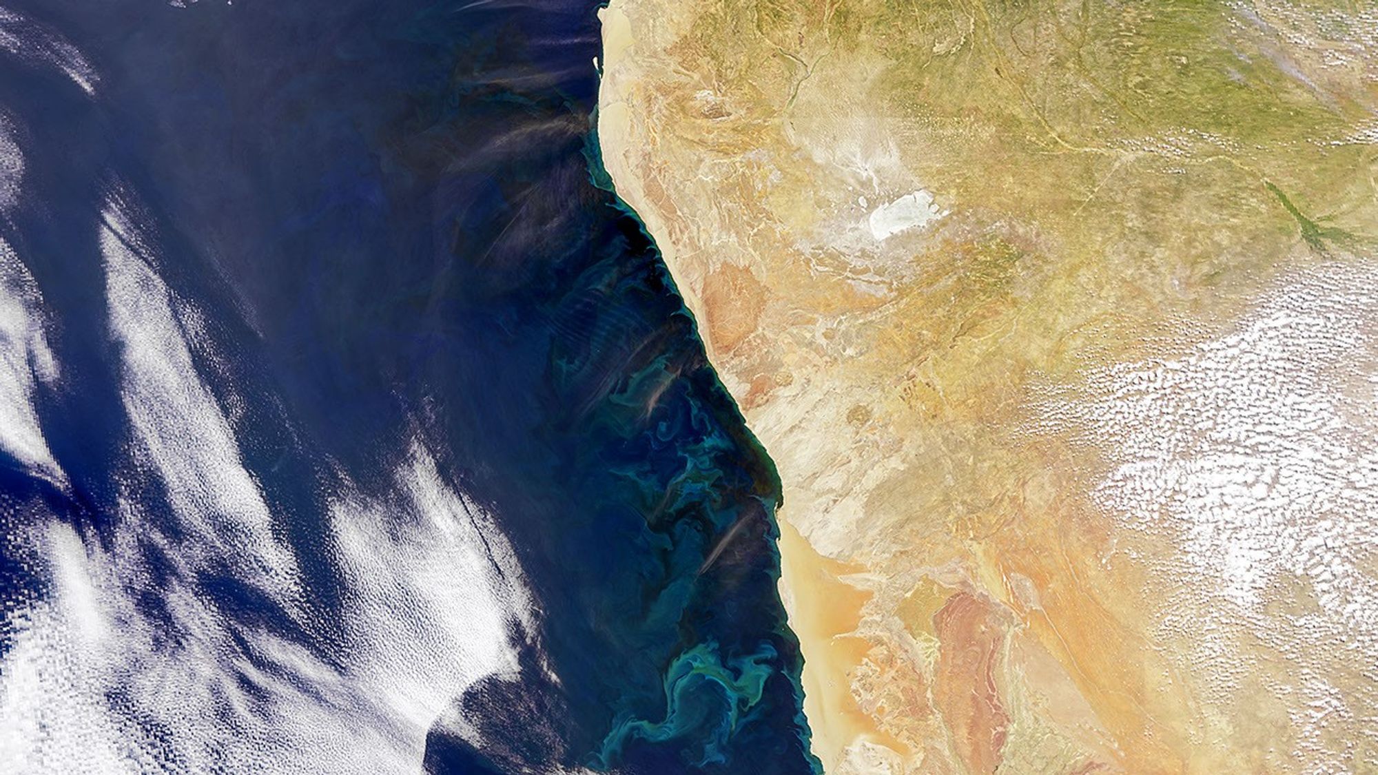 The image is divided vertically in half by the white coastline of Namibia. To the right the land shows in dry tones of beige to amber. To the left, a deep blue Atlantic ocean shows blue-green swirls. At lower left, a swatch of cirrus cloud obscures the ocean.