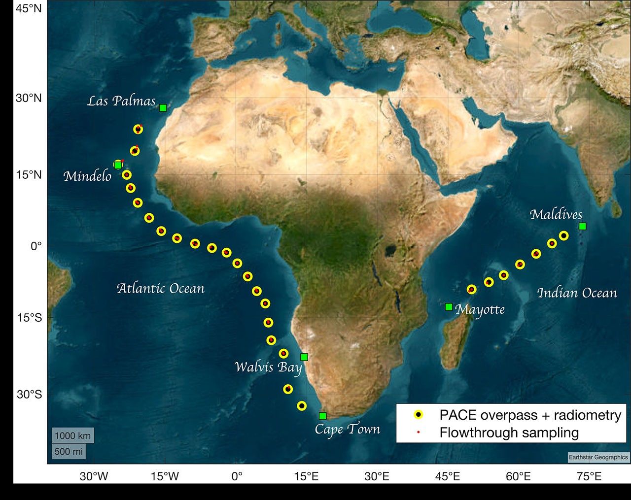 This map, superimposed on a satellite image, spans (left to right) the eastern tip of Brazil across the whole of Africa to most of India, and (north to south) southern Spain and Italy, the Mediterranean, and beyond the Cape of Good Hope toward the Southern Ocean. Yellow dots map the two routes of this expedition, the first from Las Palmas, in the Canary Islands, to Cape Town, South Africa; and the second from Mayotte, an island off the northwestern coast of Madagascar, to the Maldives, situated off the southwestern tip of India. The yellow dots bear sub-symbols: a black dot signifying a PACE observation, and a red dot showing that the ship did flowthrough sampling.