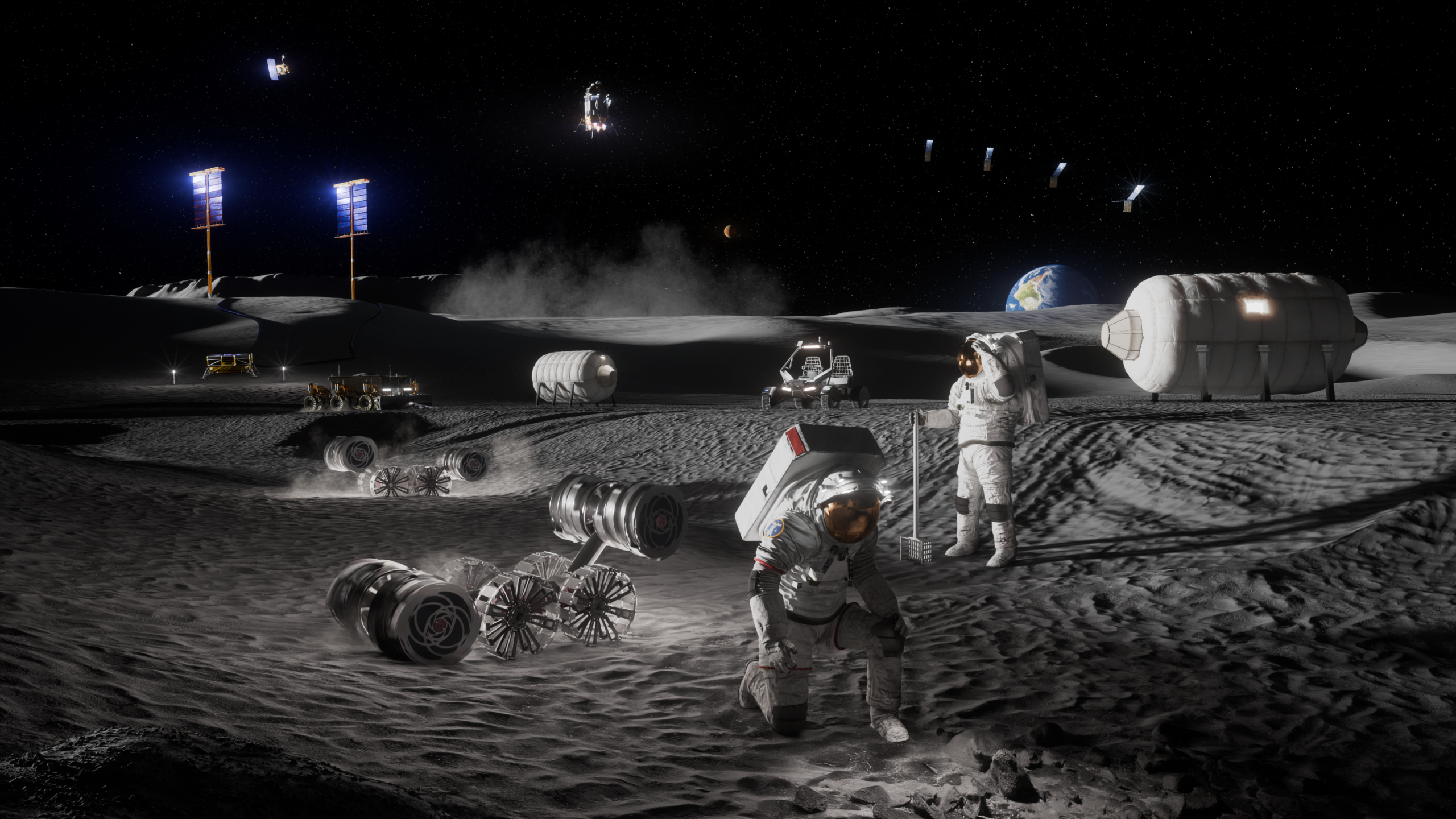 Artist’s rendering of a future Moon Base on the lunar surface. Two astronauts work near habitats and surface equipment while lunar rovers and cargo systems operate nearby. Tall solar arrays stand in the background alongside landed spacecraft and orbiting vehicles above the Moon’s horizon.