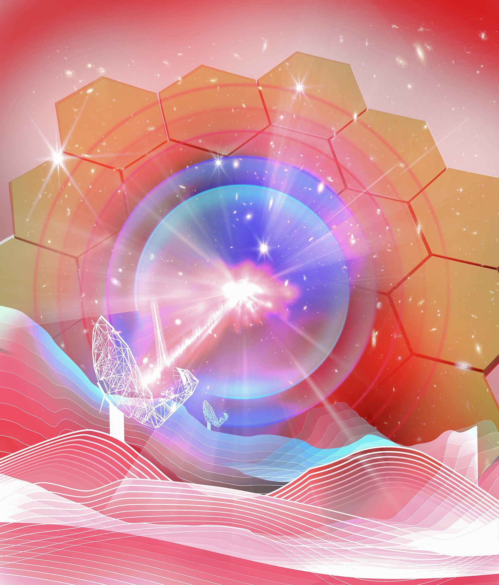 An illustration of a series of colorful hexagons in front of a pink background