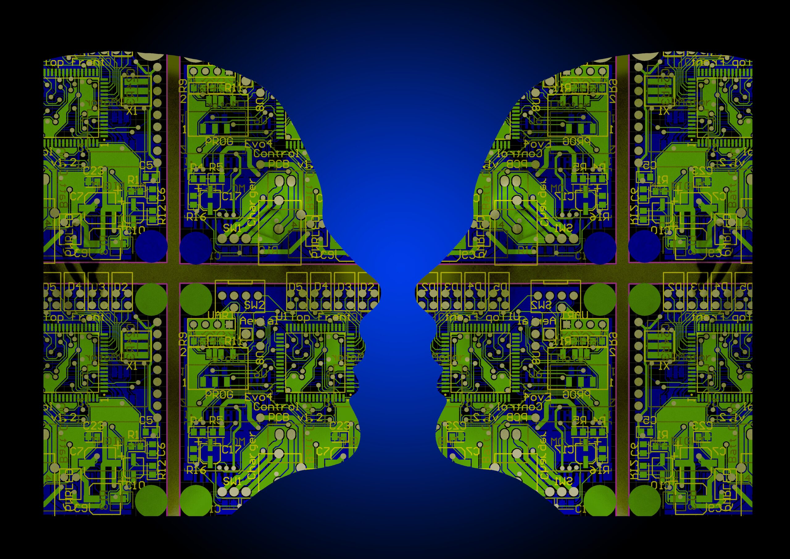 Lateral view of the human face filled with artificial intelligence tools