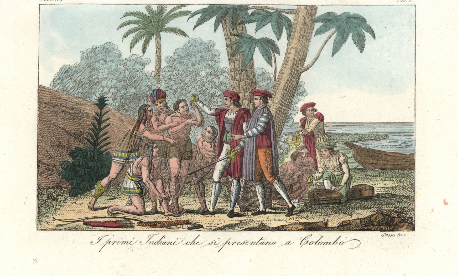 a colorized wood-cut showing Columbus meeting natives on San Salvador